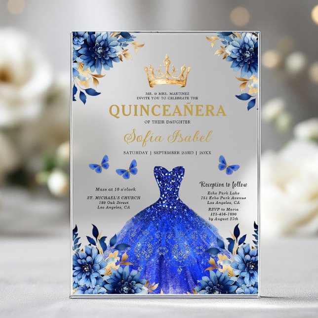 Invitations En Acrylique Floral Royal Blue Butterfly Princess Quinceanera (Créateur téléchargé)