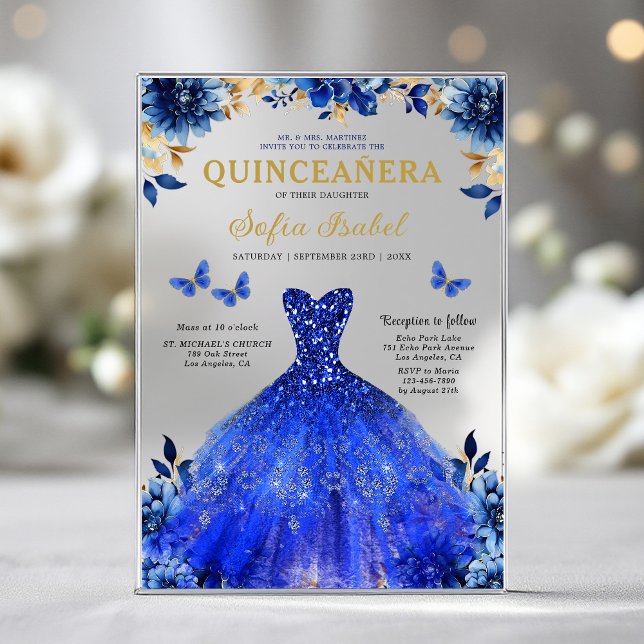 Invitations En Acrylique Floral Royal Blue Butterfly Princess Quinceanera (Créateur téléchargé)