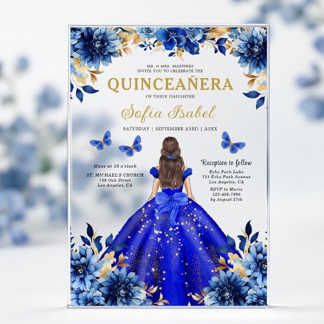 Invitations En Acrylique Floral Royal Blue Butterfly Princess Quinceanera (Créateur téléchargé)