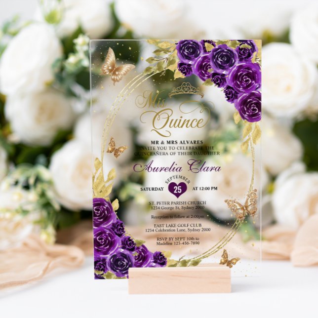 Invitations En Acrylique Floral violet or Tiara Butterfly Mis Quinceañera (Créateur téléchargé)