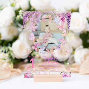 Invitations En Acrylique Floral Wisteria Papillon Enfants Photo Anniversair