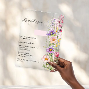 Invitations En Acrylique Florals croix rose fille clair Baptême