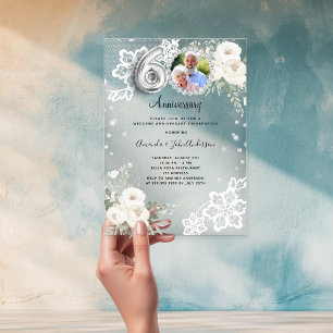 Invitations En Acrylique Floraux de diamants en argent 60e anniversaire mar