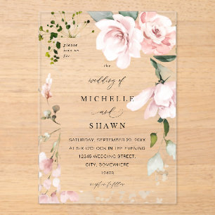 Invitations En Acrylique Flore rose pâle et Mariage d'Eucalyptus 2B