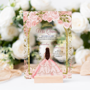 Invitations En Acrylique Flore rose pâle Princess Gold Arch Quinceanera