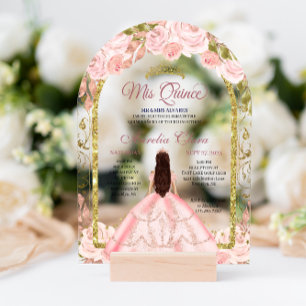 Invitations En Acrylique Flore rose pâle Princesse Arc Or Quinceanera I