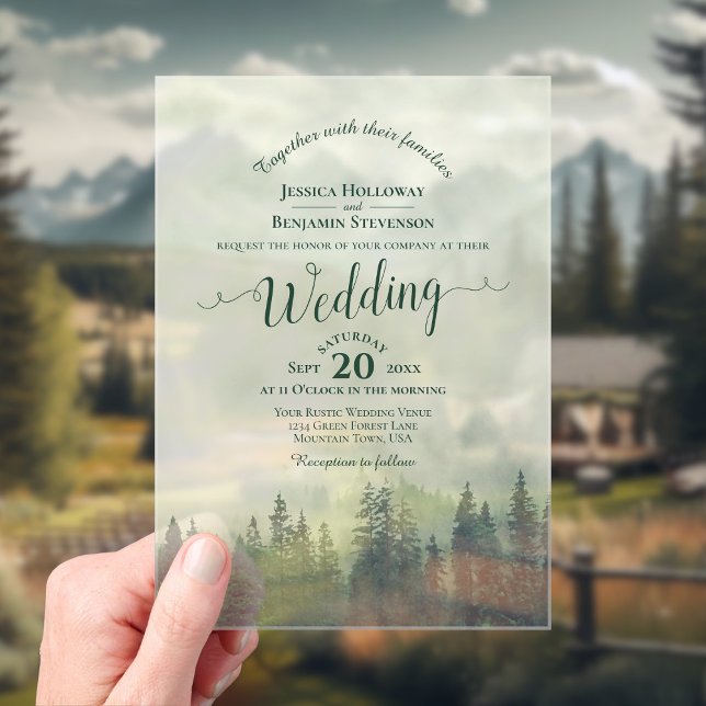 Invitations En Acrylique Foggy Green Pines Calligraphie Mariage (With Rectangle Cut)