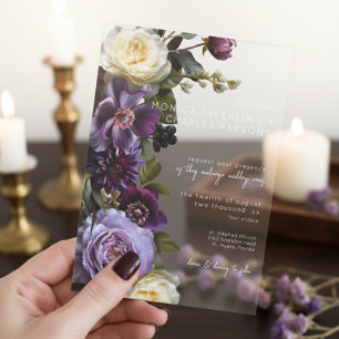 Invitations En Acrylique Foncé Moody Purple Lavender Floral Mariage moderne