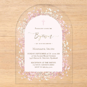 Invitations En Acrylique fond rose pâle fleurs blanches roses Baptême