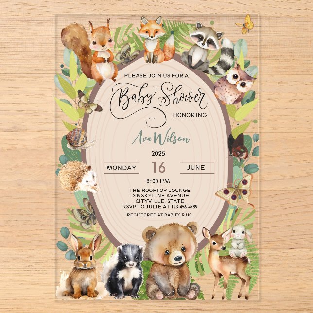 Invitations En Acrylique Forêt de bois Baby shower animal Verdure rustique (Recto)