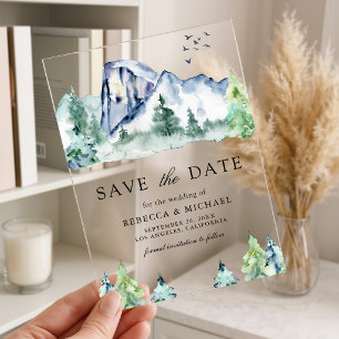Invitations En Acrylique Forêt de pins de montagne Mariage Enregistrez la d