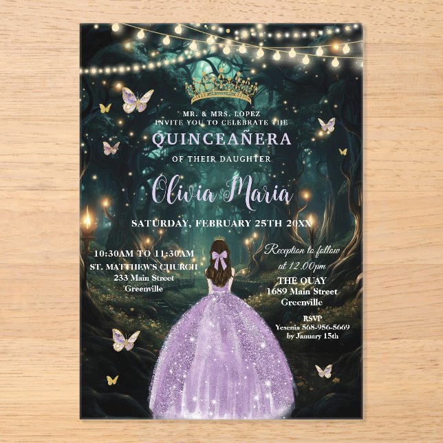 Invitations En Acrylique Forêt enchantée Robe Lilac violet Quinceañera (Recto)