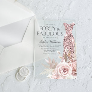 Invitations En Acrylique Forty & Fab Blush Floral Robe 40e fête d'anniversa
