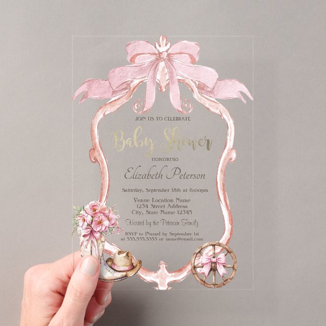 Invitations En Acrylique Frame Bow Cowgirl Wester Striped Baby Shower  (In situ (ordinateur de poche))