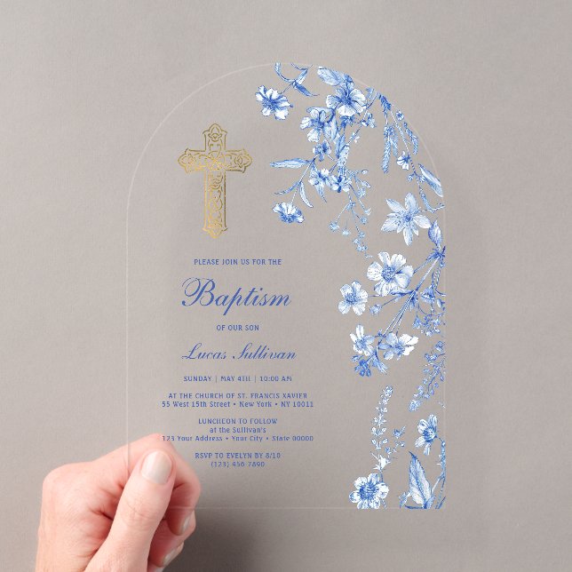 Invitations En Acrylique French Blue Wildflowers Arch Baptism (In situ (ordinateur de poche))