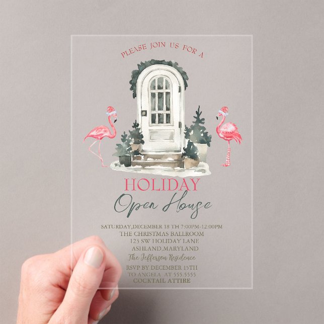 Invitations En Acrylique Front Door Pink Flamingos Holiday Open House  (In situ (ordinateur de poche))