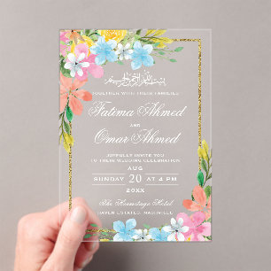 Invitations En Acrylique Frontière or florale Blanc musulman musulman Maria