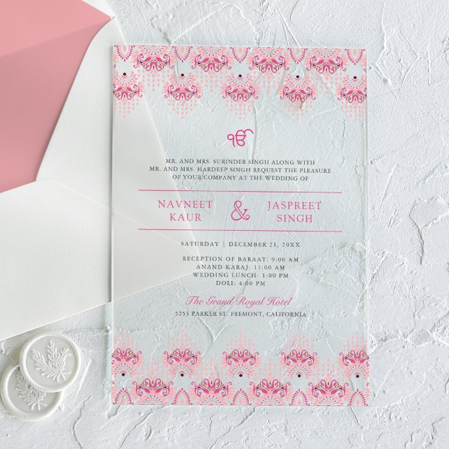 Invitations En Acrylique Frontière rose Ikat Anand Karaj Sikh Mariage (Créateur téléchargé)