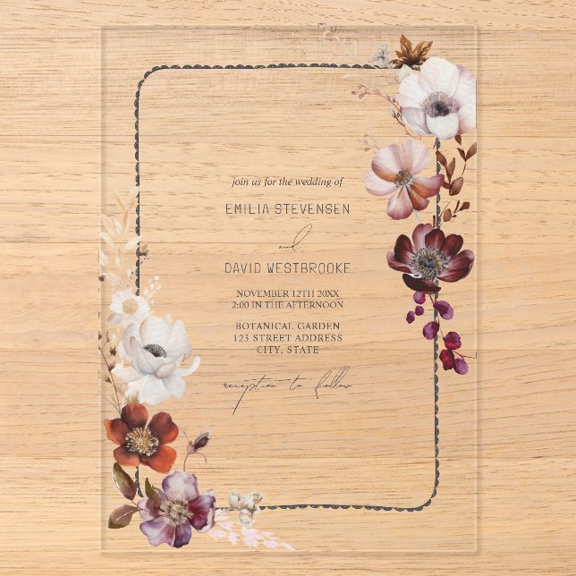Invitations En Acrylique Frontière Rustique Anémonique Florale Frappée Main (Recto)
