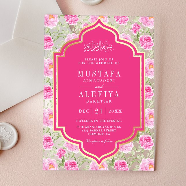 Invitations En Acrylique Fuchsia Gold Pink Floral Pattern Muslim Wedding (Créateur téléchargé)