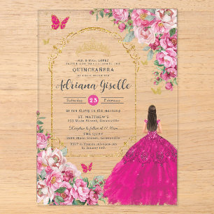 Invitations En Acrylique Fuchsia Rose Floral Or Quinceañera Douze 16 XV