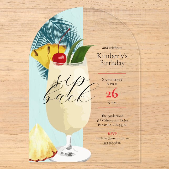 Invitations En Acrylique Fun Tropical Pina Colada Cocktail Anniversaire Fêt (Recto)