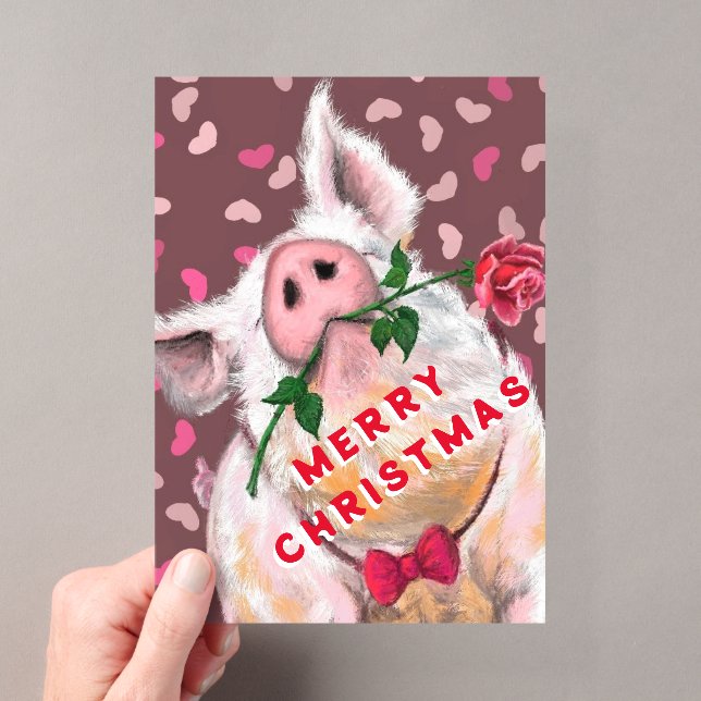 Invitations En Acrylique Funny Christmas Card Gentleman Pig with Rose (In situ (ordinateur de poche))