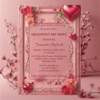 Invitations En Acrylique Galentines Day Party Heart Floral Pastel Pink Vine