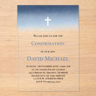 Invitations En Acrylique garçon de confirmation aquarelle bleue