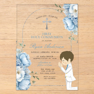 Invitations En Acrylique Garçon priant première communion Sainte Dusty bleu