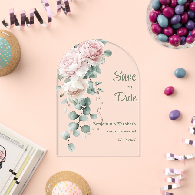 Invitations En Acrylique Garland pink peonies eucalyptus feuille Enregistre (Insitu (Célébration))