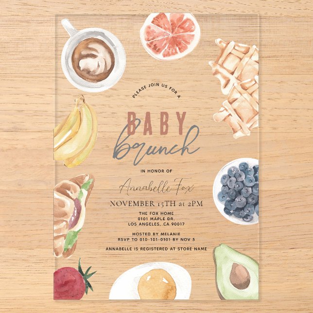 Invitations En Acrylique gaufres Café Fruits Aquarelle Bébé Brunch (Recto)