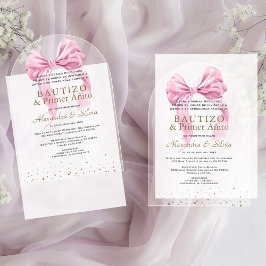 Invitations En Acrylique Gemelas Hijas Lazo Rosa Primer Añito Bautizo
