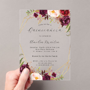 Invitations En Acrylique Géo Clair Acrylique Quinceanera Florale Bordeaux