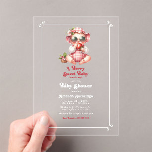 Invitations En Acrylique Gingham et Fraise, Douce Baby Shower