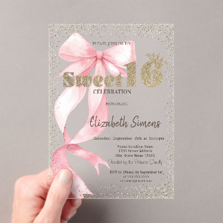 Invitations En Acrylique Glitter Tiara,Confetti,Pink Bow Sweet 16
