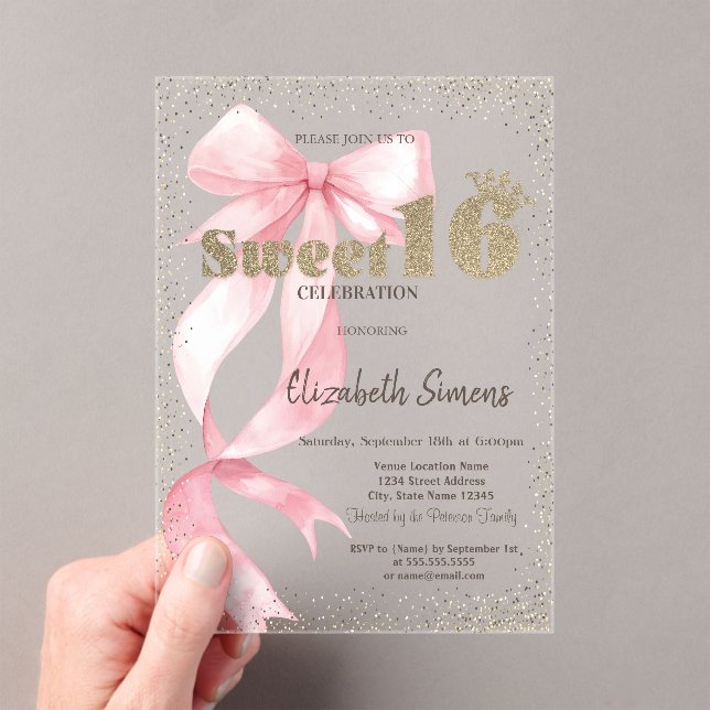Invitations En Acrylique Glitter Tiara,Confetti,Pink Bow Sweet 16 (In situ (ordinateur de poche))