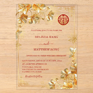 Invitations En Acrylique Gold 3 D Flowers Chinese Wedding
