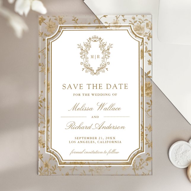 Invitations En Acrylique Gold Chinoiserie Crest Wedding Save the Date (Créateur téléchargé)