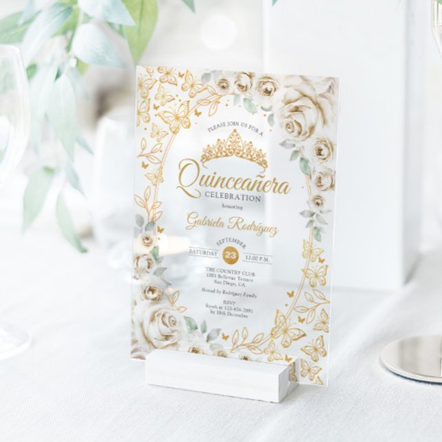 Invitations En Acrylique Gold Cream Floral Quinceanera (Créateur téléchargé)
