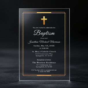 Invitations En Acrylique Gold Cross Modern Script Élégant Baptême