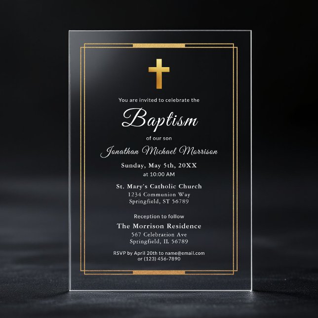 Invitations En Acrylique Gold Cross Modern Script Élégant Baptême (Créateur téléchargé)
