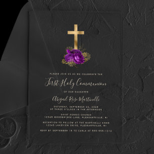 Invitations En Acrylique Gold Cross Purple Floral Gold Texte Première Commu