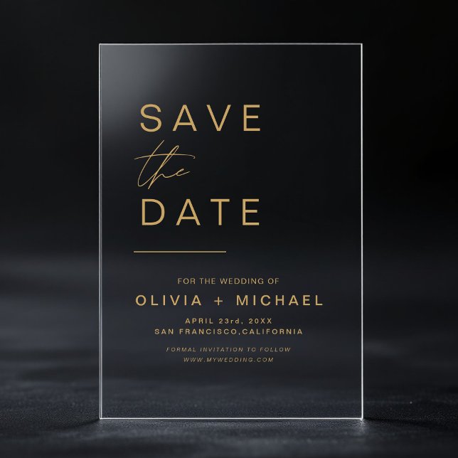 Invitations En Acrylique Gold Enregistrer la date Élégant script minimalist (Créateur téléchargé)