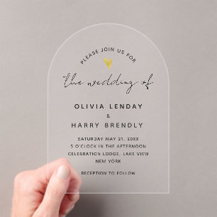 Invitations En Acrylique Gold Heart Élégant Mariage de script moderne