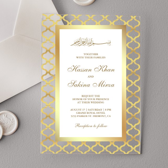 Invitations En Acrylique Gold Moroccan Quatrefoil Muslim Wedding (Créateur téléchargé)