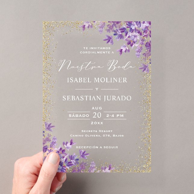Invitations En Acrylique Gold Purple Lavender Nuestra Boda Mariage espagnol (In situ (ordinateur de poche))