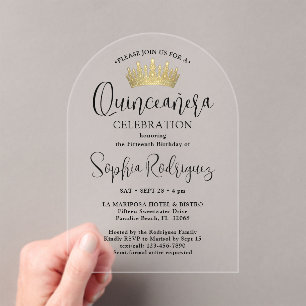 Invitations En Acrylique Gold Quinceañera Crown Chic Script tendance modern
