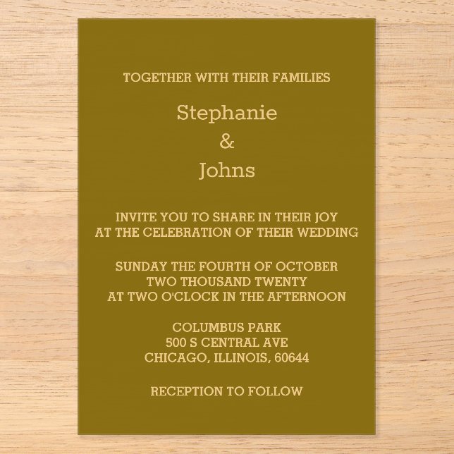 Invitations En Acrylique Gold Script Golden Jaune Brown élégant mariage (Recto)