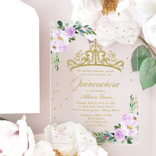 Invitations En Acrylique Gold Tiara Lilac Fleurs Quinceañera